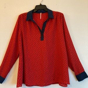 Free People Red & Navy Horse Print Pullover Blouse/Top